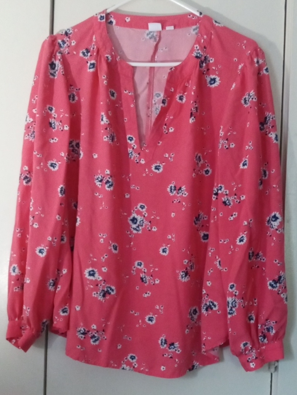 GAP Coral Pink Cottagecore Blue Floral Design Split-Neck Long Sleeve Blouse XL
